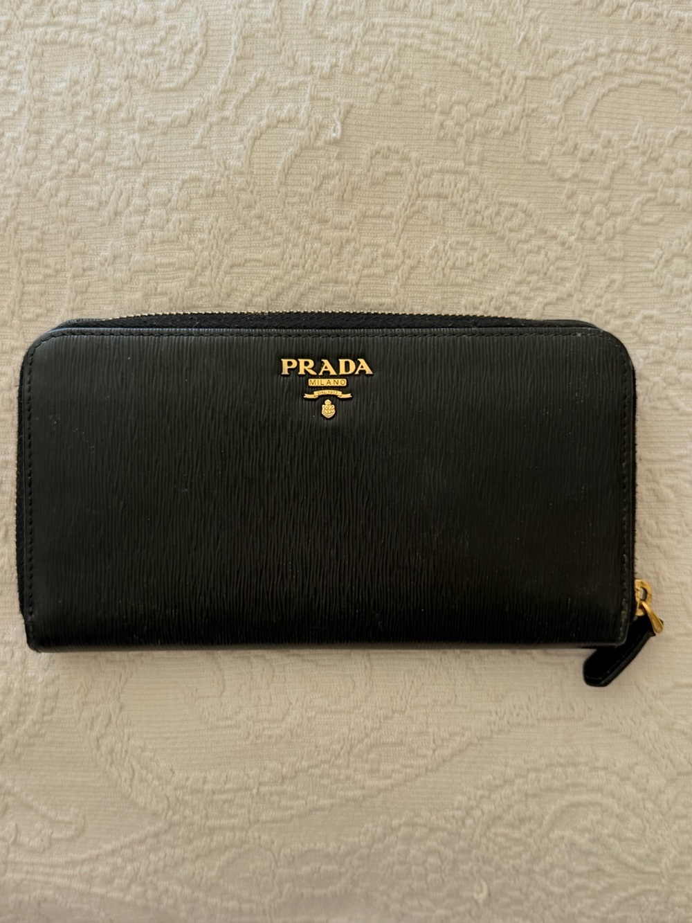 Authentic Prada Black Leather Zip Around Long Wallet